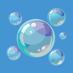 Colorful floating soap bubbles on a smooth blue gradient background.