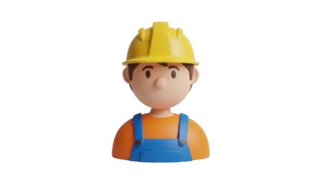 Cartoon construction worker with yellow hard hat isolated PNG, 3D rendering of a builder for construction and design use