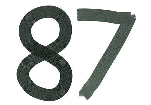 Number Eighty-seven, 87 made with Plaster Rake Brush on transparent background, Digit, Black color, Dark-green color, isolated background, Illustration, Typography, Handmade, Set 0-100