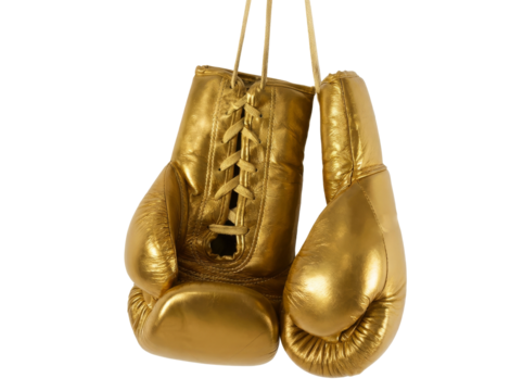 Golden boxing gloves hanging by laces on transparent background - Powered by Adobe