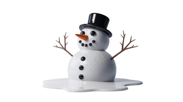 A cheerful 3D rendered snowman with a top hat and twig arms is melting into a puddle, depicting the end of winter. background removed