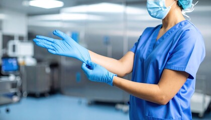 Doctor putting on gloves in surgery room with healthcare professional.