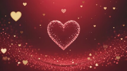 Glowing particle heart surrounded by golden hearts and sparkling light on a vibrant red background
