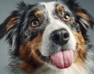 Australian shepherd dog sticking out its tongue and lick its self on white background
