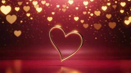 Golden heart outline with shimmering bokeh hearts on a romantic red background