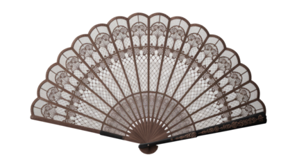 An elegant, antique brown folding hand fan with intricate lace-like patterns and decorative filigree details, spread open. background removed