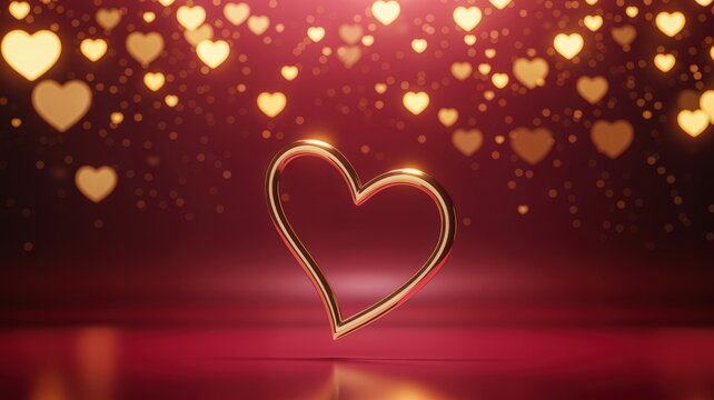 Golden heart outline with shimmering bokeh hearts on a romantic red background