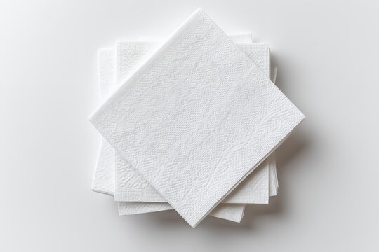 Stack of clean white paper napkins isolated on plain background. Concept for restaurant supplies, hygiene solutions and catering services