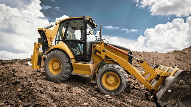 Excavator and loader operate on a dirt site moving soil and rocks while workers oversee. The sky is bright with clouds during the day at the construction area.