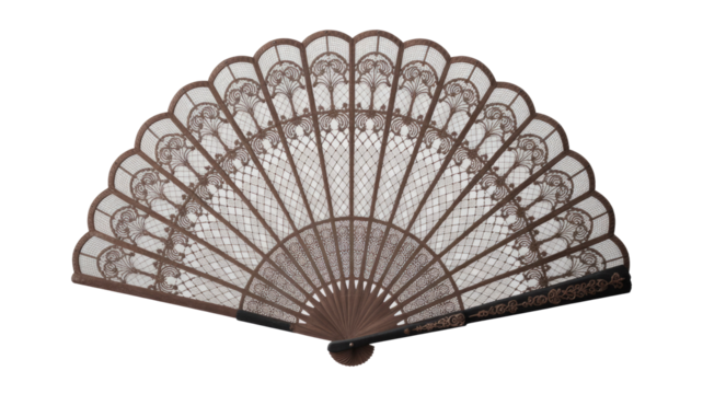An elegant, antique brown folding hand fan with intricate lace-like patterns and decorative filigree details, spread open. background removed