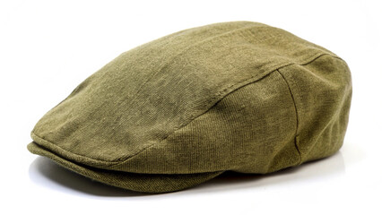 Light brown ascot cap on white background showcasing classic design and texture perfect for fashion and vintage style concepts