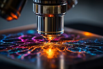 Close up of microscope examining colorful sample with lens focus, concept for scientific research, medical diagnostics and biotechnology innovation