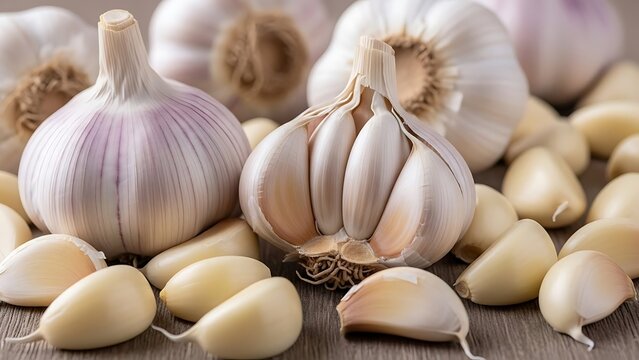 Close-Up of Fresh Garlic Bulbs and Cloves, Healthy Cooking Ingredient.