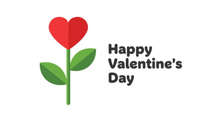 Simple red heart flower with green leaves and happy valentine s day text