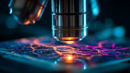 Close-up shot of a microscope examining cells or tissues with vibrant lighting effects. Concept for scientific research, medical analysis and laboratory experiments