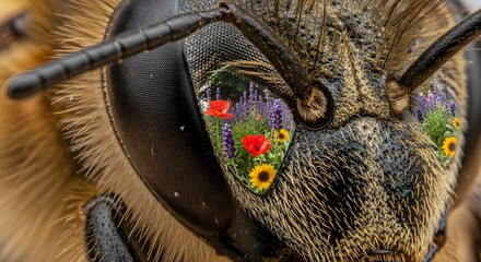 Conceptual macro shot of bee eye reflecting colorful wildflowers and lavender pollination