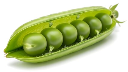 Close-Up of a Fresh, Open Green Pea Pod with Seeds Isolated on White Background.