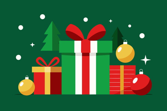 Festive christmas gifts and decorations on green background