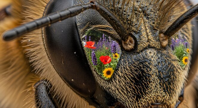 Conceptual macro shot of bee eye reflecting colorful wildflowers and lavender pollination - Powered by Adobe