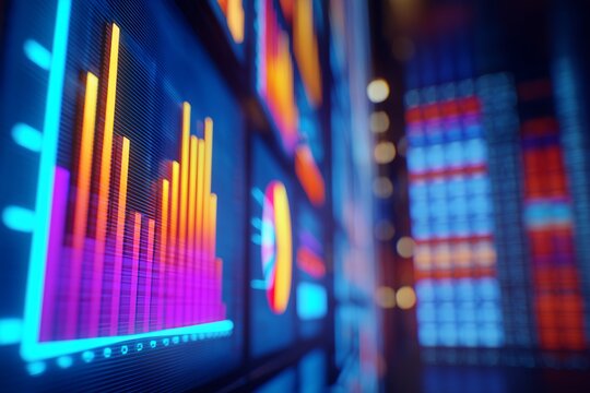 Close up digital display showing data bar charts and pie charts in vibrant colors. Concept for financial analysis, market trends and business intelligence