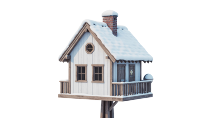 A charming, snow-covered miniature house with a brick chimney and balcony, perched on a single wooden post, against a transparent background. background removed