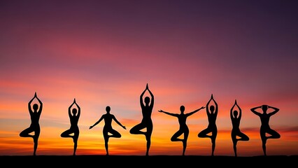 Silhouettes of people practicing yoga in tree pose against a vibrant sunset sky symbolizing peace balance and mindfulness in nature