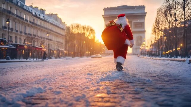 Winter holiday celebration concept. Christmas New Year. Santa Claus in Paris during winter, with the Arc de Triomphe in the background during sunset.