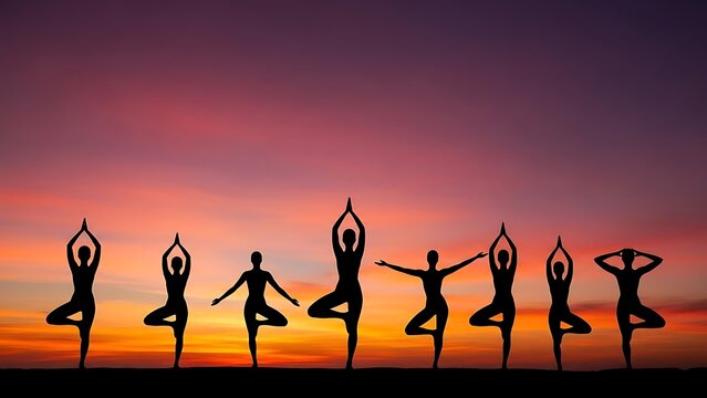 Silhouettes of people practicing yoga in tree pose against a vibrant sunset sky symbolizing peace balance and mindfulness in nature - Powered by Adobe