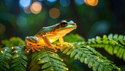 Tree Frog on Fern with Illuminated Forest Background.