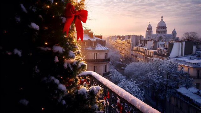 Winter holiday celebration concept. Christmas New Year. Aerial view of Paris during winter during sunset with snowcovered rooftops and a church in the distance.