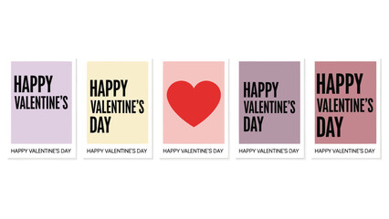Collection of five minimalist valentine s day greeting cards with pastel backgrounds and bold text