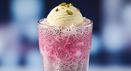 Refreshing falooda drink with ice cream and pistachios is the perfect summer treat and dessert for special occasions, a vibrant and delicious indulgence