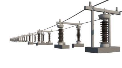 Long row of high-voltage electrical insulators and grey metal structures for power transmission, receding into distance, transparent background isolated. background removed