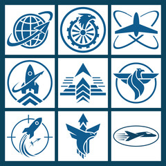 Collection of nine blue and white aerospace and aviation logo icon set