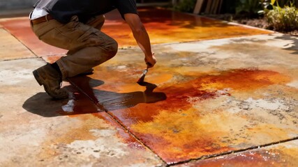 Medium shot capturing a craftsman staining weathered concrete with rich hues enhancing the surface with vibrant color variations.