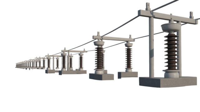 Long row of high-voltage electrical insulators and grey metal structures for power transmission, receding into distance, transparent background isolated. background removed