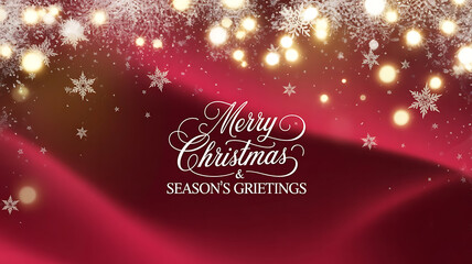 Merry christmas and season's greetings text on a red background with snowflakes and lights
