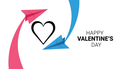 Happy valentines day with pink and blue paper airplanes circling a black heart shape