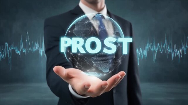 Hand holding a digital Earth with the word " PROST" and a pulsating waveform in a futuristic blue environment