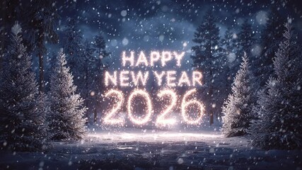 Happy new year 2026 glittering text forming from sparkling particles in a dark, snowy winter forest landscape at night, with falling snow creating a festive atmosphere