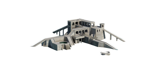 Detailed 3D render of a sprawling Brutalist-style concrete architectural complex with multiple levels, arches, ramps, bridges, and circular basins. background removed