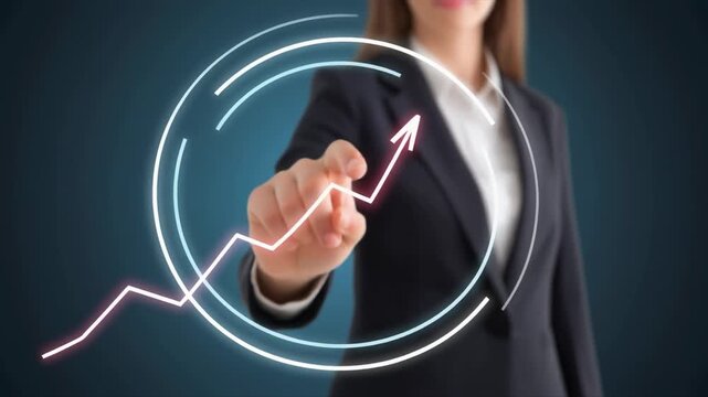 Woman's hand touching a glowing circular interface with an upward trending line graph image photo
