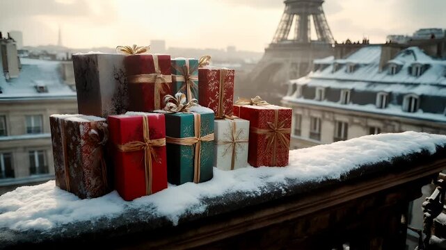Winter holiday celebration concept. Christmas New Year. A Christmasthemed photograph featuring a stack of wrapped presents against the backdrop of the Eiffel Tower in Paris during winter.