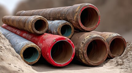 A pile of rusty pipes with one red pipe in the middle. The pipes are stacked on top of each other