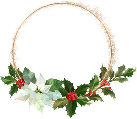 Christmas frame with poinsettia flowers and golden dust