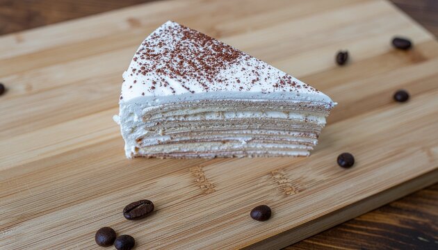 Potongan kue krep lezat dengan biji kopi