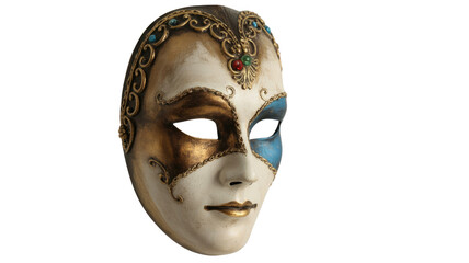 An ornate Venetian mask, exquisitely decorated in gold, white, and blue, featuring intricate filigree and colorful gemstones. A classic symbol of mystery and masquerade. background removed