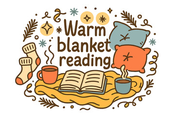 Cozy Blanket Reading. Warm blanket reading. Hand-drawn doodle illustration of Warm blanket reading. open book,