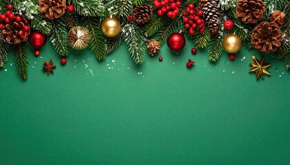 Elegant Christmas border with evergreen branches pinecones berries and ornaments on green background.