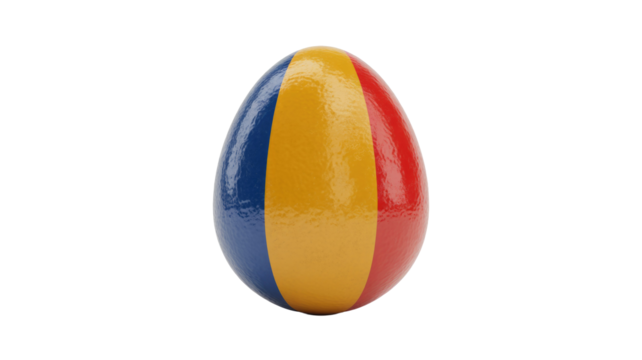 A vibrant egg is meticulously painted with the national flag of Chad, displaying its distinct blue, yellow, and red vertical stripes. background removed - Powered by Adobe
